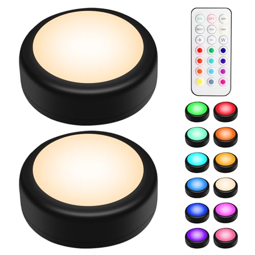 BLS LED Puck Lights with Remote Control, Wireless Under Cabinet & Closet Lighting, RGB 13 Color Changing Lights with Dimmer, Timer & AA Battery Operated, Push, Touch, Stick on for Night, Black, 2 Pack - color: Black, size: 2 Pack