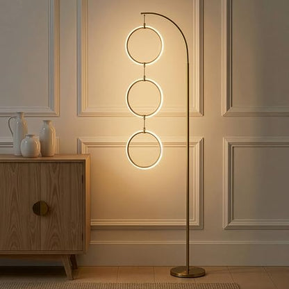 Brightech 3 Ring Lamp - 74" Dimmable LED Floor Lamp with 3 Hanging Light Rings, Modern Arc Standing Tree Lamp for Living Room, Bedroom and Office, 30W Warm White LED, Gold Brass - color: Brass