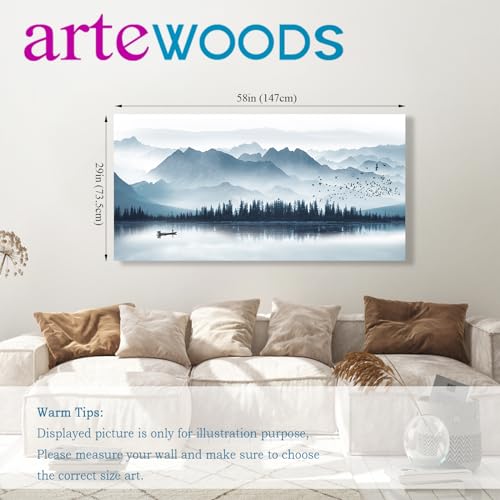 arteWOODS Indigo Mountain Canvas Wall Art Foggy Lake Boat Pictures, 29"x58" - color: Indigo Mountain Lake, size: 58"L x 29"W