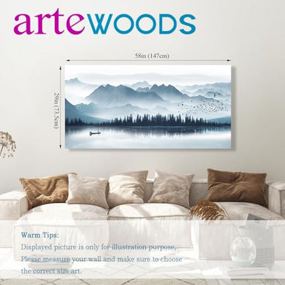 arteWOODS Indigo Mountain Canvas Wall Art Foggy Lake Boat Pictures, 29"x58" - color: Indigo Mountain Lake, size: 58"L x 29"W