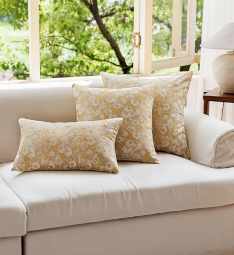 Chenille Rose Floral Pattern Farmhouse Throw Pillow Cover, 20 x 20 Yellow - color: Light Yellow, size: 20" x 20" (Pack of 1)