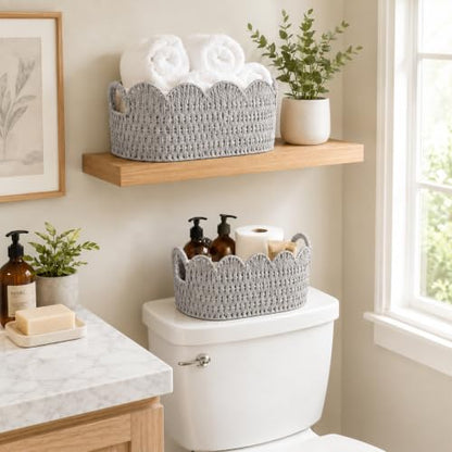 Endymion Set of 2 Paper Rope Scalloped Basket, Wicker Storage Baskets - color: Grey