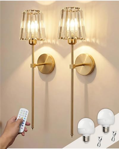 Battery Operated Wall Sconces Set of 2, Gold Crystal Wireless Wall Lights with Remote, 5000mAh Rechargeable (20H Run Time), Dimmable RGB & 3 Color Modes, Art Deco Vanity Sconce for Bedroom Living Room - color: Gold