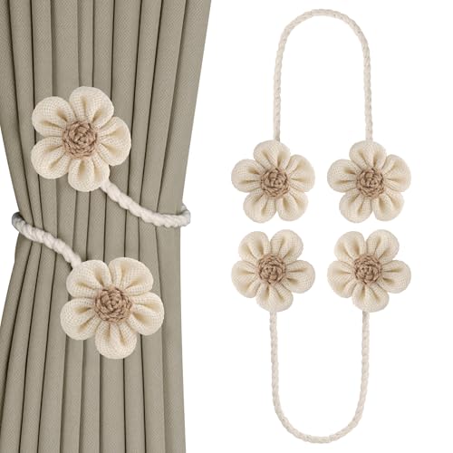 Meplait 2 Pack Flower Curtain Tiebacks, Boho Tie Backs for Curtains, Beige - color: A Flower-beige