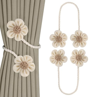 Meplait 2 Pack Flower Curtain Tiebacks, Boho Tie Backs for Curtains, Beige - color: A Flower-beige