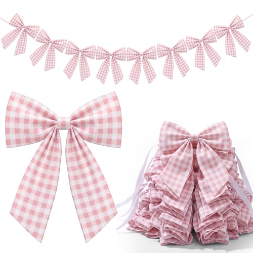 Flutesan 8 Ft Pink Gingham Bow Garland Fabric Banner for Xmas Party Decor - color: Pink, style: Gingham