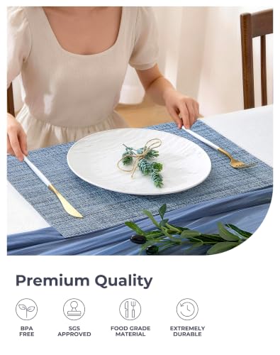 Deep Navy Woven Placemats Set of 6 - Heat Resistant Non-Slip Place mats for Dining Table, Washable Durable PVC Vinyl Woven Table Mats(Deep Navy, 6) - color: C1- Deep Navy, size: Set of 6