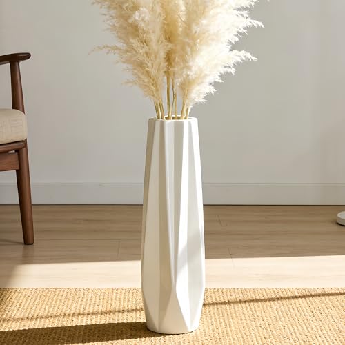 White Tall Ceramic Floor Vase, 17.7 Inch, Faceted Design - color: 5-stripes, size: Height-17.7 Inch