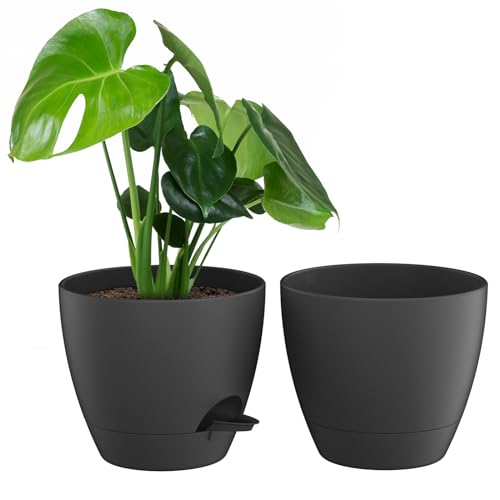 ZMTECH 10 Inch Plant Pots Set of 2 Planters for Indoor Plants Self Watering Pots Flower Pots with Drainage Holes and Saucer for Outdoor Plants(Black) - color: Black, size: 10 Inch