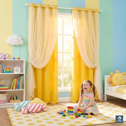 Lemon Yellow Blackout Curtains with White Sheer Overlay for Girls Bedroom - color: Lemon Yellow, size: 52"W x 84"L (Pack of 2)