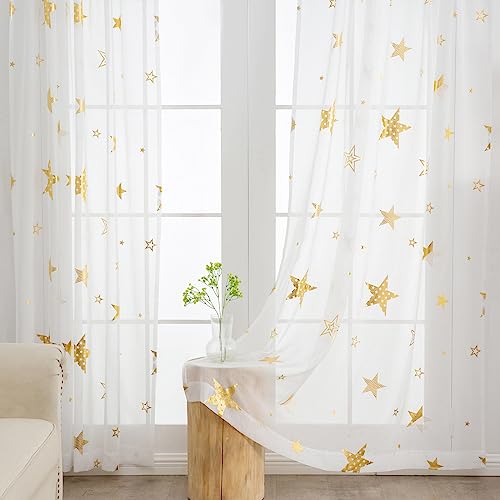 L.Z.E Gold and White Sheer Curtains 96 Inches Long 2 Panels Set for Living Room Nursery, Linen Textured Kids Curtain with Cute Gold Star,Light Filtering Dual Rod Pocket Curtains & Drapes - color: (Rod Pocket) Gold Star, size: 54"W x 96"L (Pack of 2)