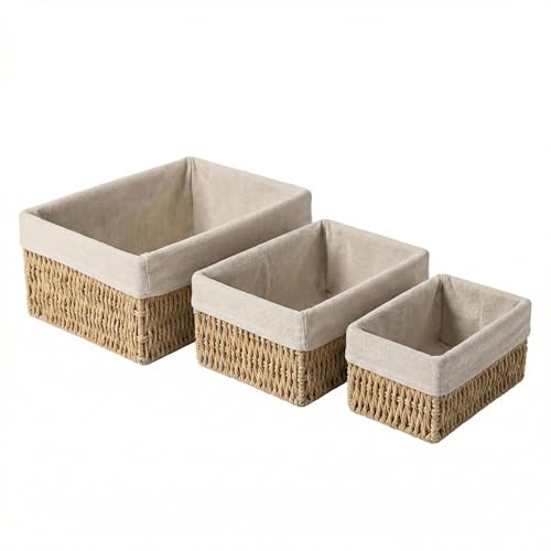 Wicker Storage Baskets Set of 3, Bathroom & Shelf Bins - size: Small without Lids