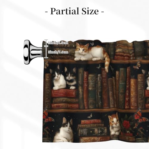 Bookshelf Cat Valances for Windows Rod Pocket Curtain Valance 1 Panel Short Curtains for Kitchen Bathroom Living Room Bedroom Window Treatments - color: Bookshelf Cat