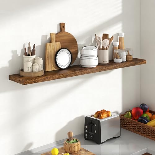 Acovy 55 Inch Floating Shelves, 8 Inch Deep Floating Shelves for Wall, Hanging Shelf with Invisible Brackets, Deep Shelves for Bathroom, Bedroom, Living Room, Brown, Set of 1 - color: Brown, size: 8"Wx55"L-1pc