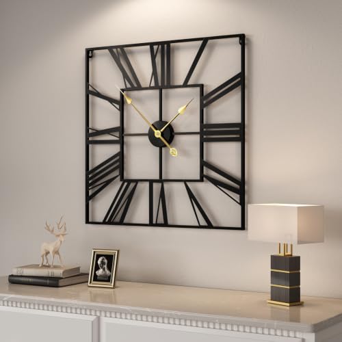 Cuspin 24 Inch Square Wall Clock, Large Black Metal Roman Numeral Clock - color: Black Roman Square, size: 24 Inch