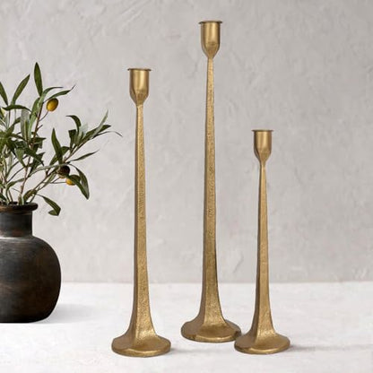 Iron Taper Candle Holder Set of 3 - Decorative Tall Candle Stand - color: Antique Brass