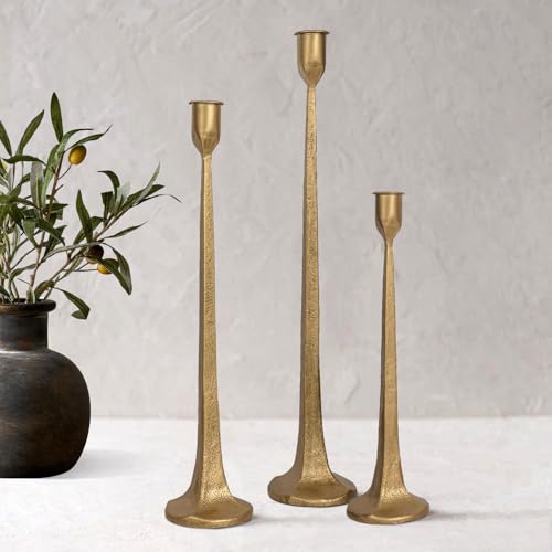 Iron Taper Candle Holder Set of 3 - Decorative Tall Candle Stand - color: Antique Brass