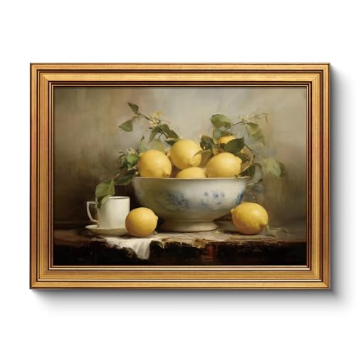 Vintage Lemon Bowl Still Life Gold Framed Wall Art, 12x16 Inch Rustic European Fruit Oil Painting Canvas Print, Classic Farmhouse Kitchen Dining Room Home Cafe Decor - color: Bowl of Lemons, size: 16"L x 12"W