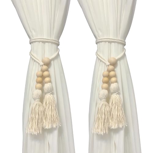Wooden Beads Tassel Curtain Tiebacks, Curtain Tie Backs for Curtains 2 Pack, Sheer/Drapery Curtain Holdbacks, Rope Curtain Tie Backs, Boho Curtain Tiebacks for Mordern Farmhouse Home Office
