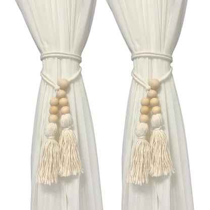 Wooden Beads Tassel Curtain Tiebacks, Curtain Tie Backs for Curtains 2 Pack, Sheer/Drapery Curtain Holdbacks, Rope Curtain Tie Backs, Boho Curtain Tiebacks for Mordern Farmhouse Home Office