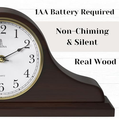 Mantel Clock for Fireplace, Solid Wood Silent Non-Chiming Mantle Clock - color: Dark Brown Arabic Numerals