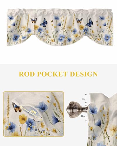 Butter-fly Leaves Tie Up Valance Curtain for Kitchen Living Room Bedroom Bathroom Cafe,Rod Pocket Short Window Drape Panel Adjustable Drapary Print,Elegant Fall Yellow Blue Yellow Daisy Beige 54"x18" - size: 54"W x 18"L (Pack of 1)