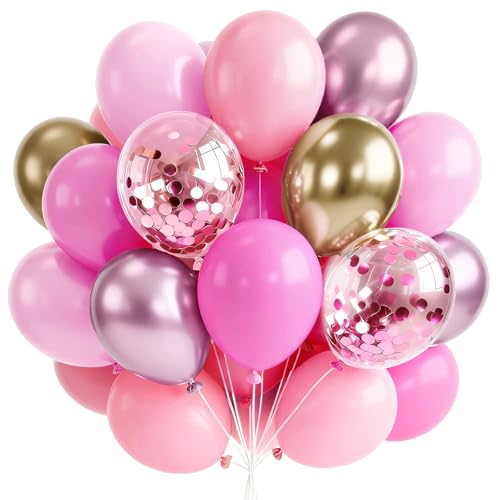 PartyWoo Pink and Gold Balloons 66pcs 12 Inch Gold Pearl Hot Pink Balloons - color: Pink-3315