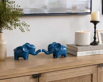 4 Inch Blue Ceramic Elephant Figurines Set of 2 - color: Blue
