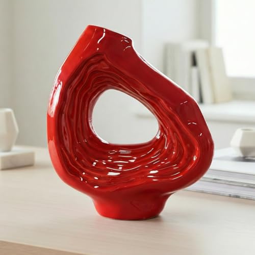 Sunddo Ceramic Flower Vase, Red | Modern Donut Decorative Vases for Home Decor, Living Room, Bathroom, Shelf, Dining Table Decoration, 9 Inch - color: Red, size: 9 inch