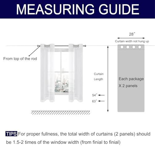 DWCN White Faux Linen Sheer Curtains - Grommet Voile Window Curtain Drapes for Bedroom Living Room 28 x 63 inch Length, Set of 2 - color: White, size: 28"W x 63"L (Pack of 2)