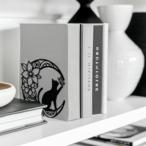 Peacoblue 5.3"x4.3"x5.3" Metal Bookends, Heavy Duty Book Ends for Shelves - style: Moon with Cat and Flower