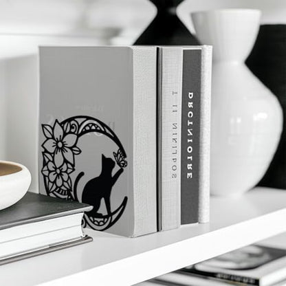 Peacoblue 5.3"x4.3"x5.3" Metal Bookends, Heavy Duty Book Ends for Shelves - style: Moon with Cat and Flower