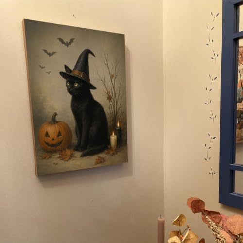 Halloween Wall Art Decor Black Cat Witch Pumpkin Canvas Print Framed - color: C