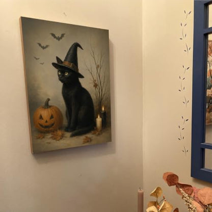 Halloween Wall Art Decor Black Cat Witch Pumpkin Canvas Print Framed - color: C