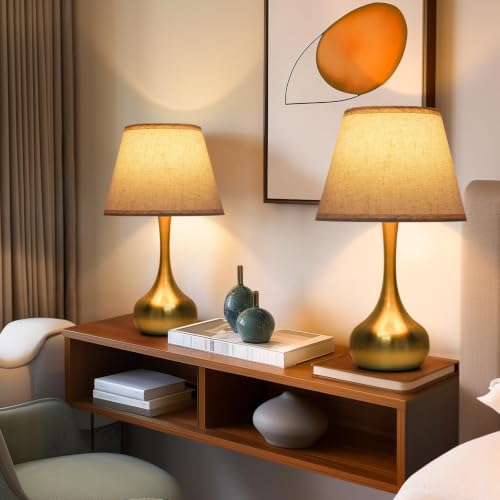 ONEWISH Touch Table Lamp for Bedroom, 3-Way Dimmable Gold Bedside Lamps for Nightstand with Fabric Shade,17.32'' Desk Lamp for Kids Reading, Home Office - color: Beige Linen Mushroom Shade & Gold Base