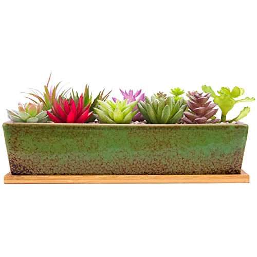 Artketty 12.1 Inch Large Succulent Planters Pots with Drainage Tray, Long Rectangle Ceramic Pots for Indoor Cactus/Succulent Plants Shallow Bonsai Window Box for Home Garden Decor (Green) - color: Green
