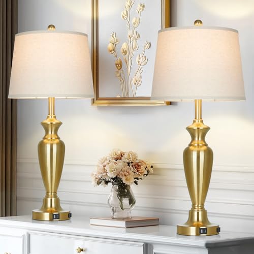 30" Tall Gold Table Lamps Set of 2 for Living Room, Touch Control Bedside Lamps for Nightstand, 3-Way Dimmable Bedroom Table Lamp with USB A+C Ports and AC Outlet (2 LED Bulbs Included) - color: Gold - 30"H