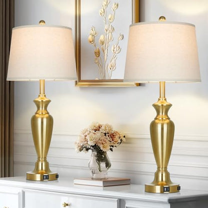 30" Tall Gold Table Lamps Set of 2 for Living Room, Touch Control Bedside Lamps for Nightstand, 3-Way Dimmable Bedroom Table Lamp with USB A+C Ports and AC Outlet (2 LED Bulbs Included) - color: Gold - 30"H