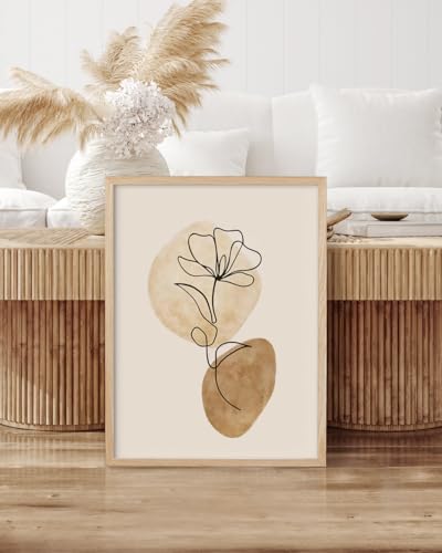 HesenDot Natural OAK Wood Floral Line Drawing Framed Wall Art, 12x16in - color: Boho Floral Line