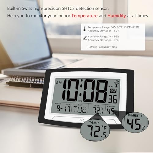 WallarGe 12.5 Inch Atomic Clock with Indoor Temperature and Humidity - size: Large
