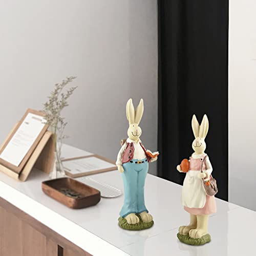 Easter Bunny Figurines Set of 2, Resin Rabbit Couple Decor, 6.1 Inch