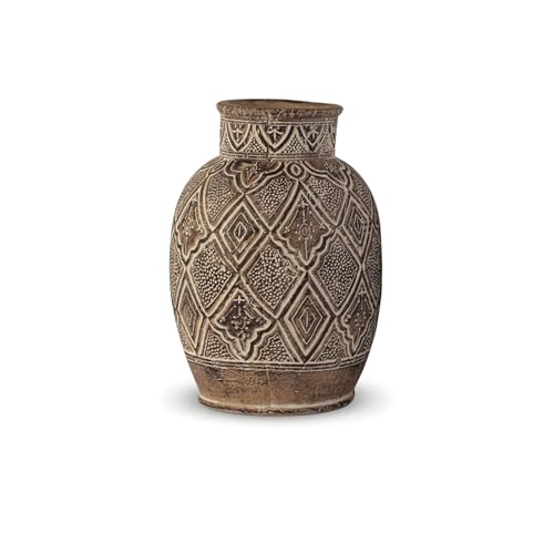 Ceramic Vase 14.56" Tall – Hand-Carved Moroccan Geometric Pattern, Dark Brown Vintage Finish – Indoor & Outdoor Statement Décor for Living Room, Entryway & Shelf - Arvad