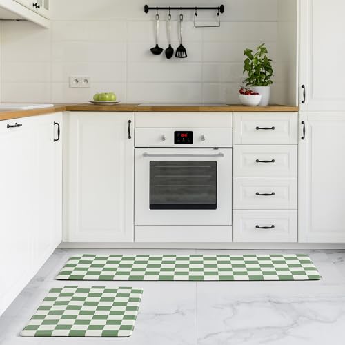 Ohocut Checkered Kitchen Mats for Floor Set of 2, 2 Pcs Sage Green Cushioned Non Slip Runner Rugs for Kitchen/Sink/Laundry, Comfort Aesthetic Cute Anti-Fatigue Foam Floor Mat 17.3"x29.5"+17.3"x47.2" - color: Green
