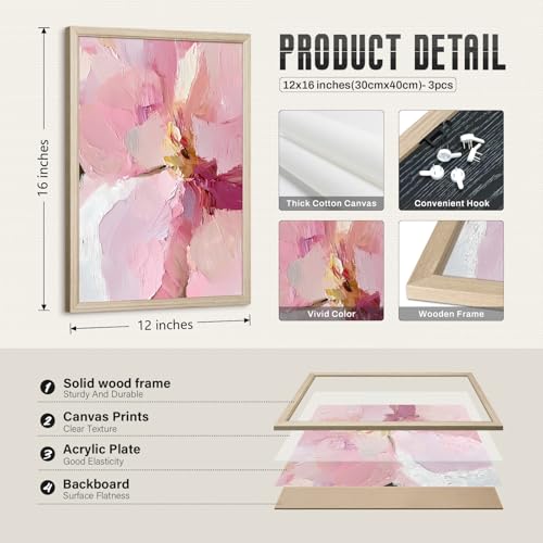 Abstract Floral Wall Art Pink Flower Canvas Pictures Modern Wall Decor Blush Pastel Pink Prints Peony Painting Minimalist Poster Botanical Artwork for Bedroom Living Room 12x16x3 Inch Wood Framed - color: Pink Flowers Prints, size: 12"x16" Framed