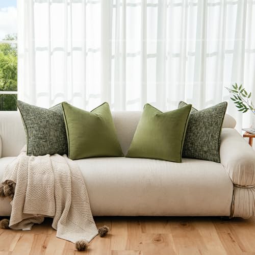 a moment Dark Green 4 Pack Throw Pillow Covers - Chenille & Velvet Set with Piping, Farmhouse Textured Design Pillow Cases for Couch Sofa Bed Livingroom (16x16 Inch, No Insert) - color: Dark Green, size: 16" x 16" (Pack of 4)