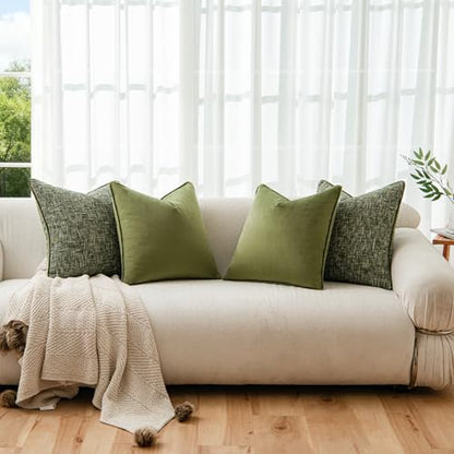 a moment Dark Green 4 Pack Throw Pillow Covers - Chenille & Velvet Set with Piping, Farmhouse Textured Design Pillow Cases for Couch Sofa Bed Livingroom (22x22 Inch, No Insert) - color: Dark Green, size: 22" x 22" (Pack of 4)