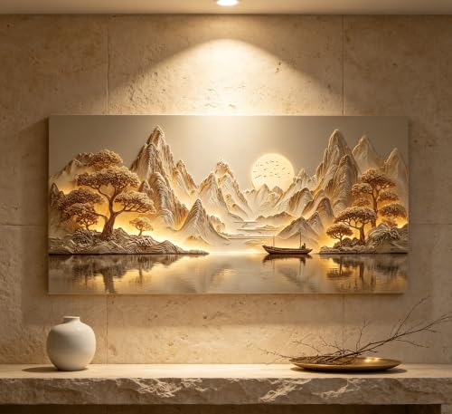 3D Texture Large Landscape Sunrises Sunset Canvas Wall Art Abstract Mountains Lake Tree Painting Picture Wall Decor Modern Nature Scenery Poster Print Artwork for Living Room Office Home Decoration - color: Sunrise and Sunset, size: 40"L x 20"W