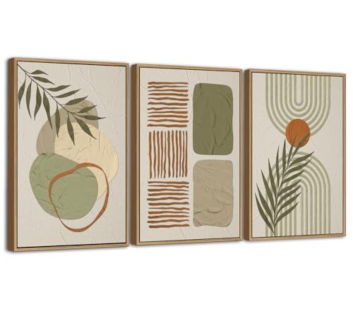 NINEASO Mid Century Framed Wall Art - Modern Boho Wabi-Sabi Canvas Pictures, Minimalist Earth Tone Botanical Painting Prints with Light Wood Frame for Living Room Bedroom Wall Decor, 36 x 24in * 3 - color: Earth Tone Abstract Boho, size: 36"L x 24"W