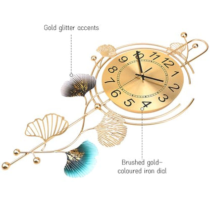FILLOVE Elegant Metal Wall Clock with Silent Round dial and Gold and Blue Leaves, Modern Non-Walking Silent Metal Wall Clock for Living Room, Bedroom, Study, Office (25in*12in) (Gold Leaf) - color: Gold Leaf