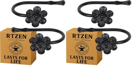 RTZEN Decorative Metal Curtain Tiebacks - Farmhouse Wrought Iron Curtain Holdbacks - Drapery Holders for Wall - Unique Metal Tie Backs for Curtains - 2 Pcs (Black Flower) (Pack of 2) - size: Medium (Pack of 2), style: Flower
